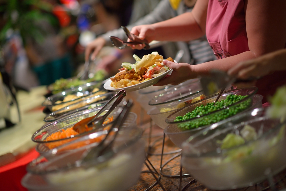 catering buffet food indoor in luxury restaurant with meat colorful fruits and vegetables